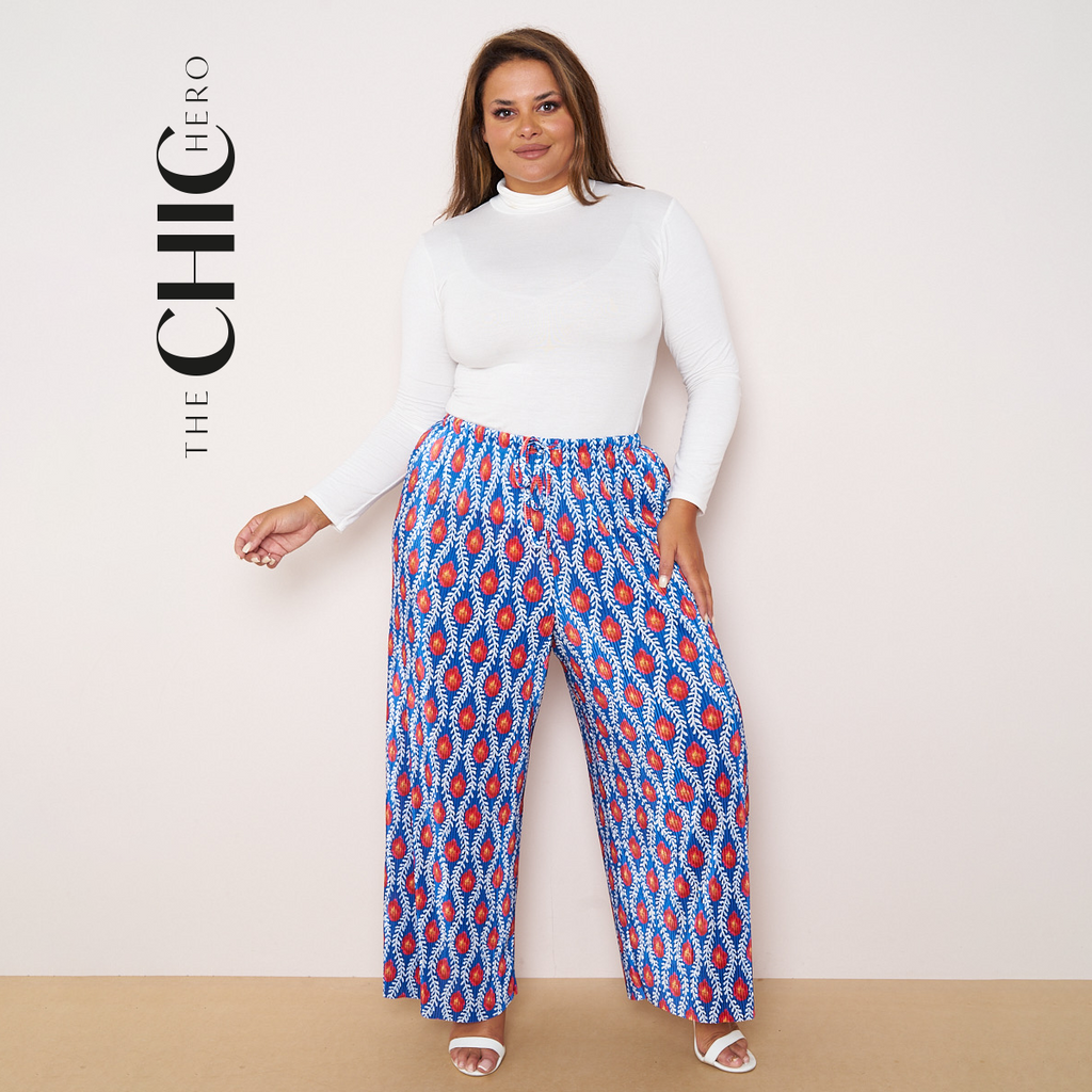 Blue Flame Abstract Print Wide-Leg Drawstring Palazzo Pleated Pants
