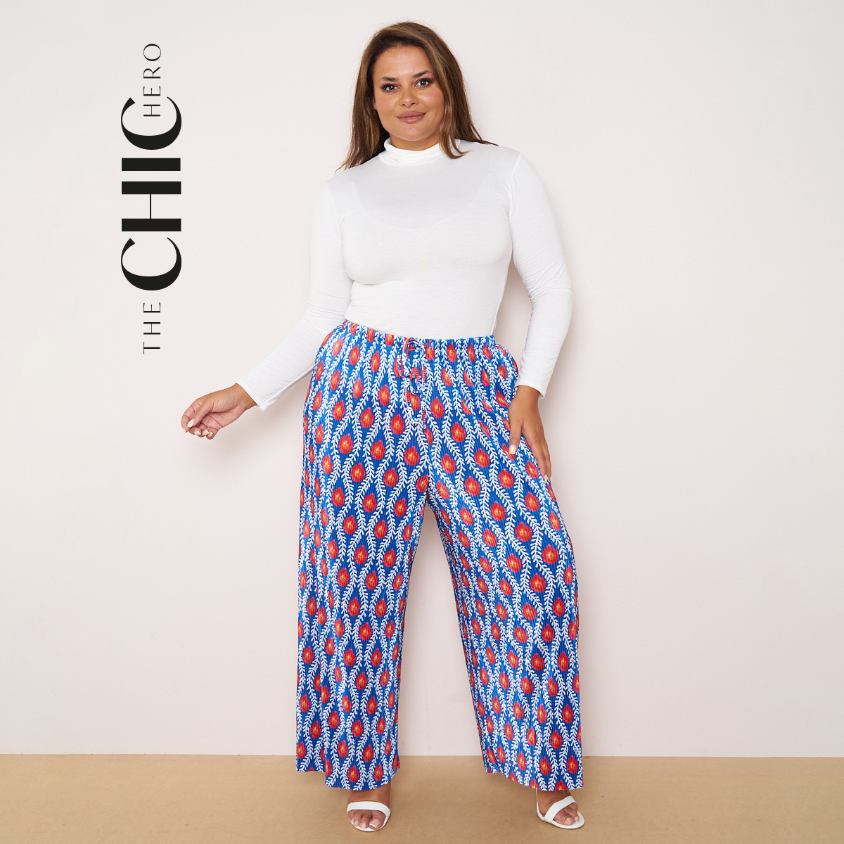 Blue Flame Abstract Print Wide-Leg Drawstring Palazzo Pleated Pants