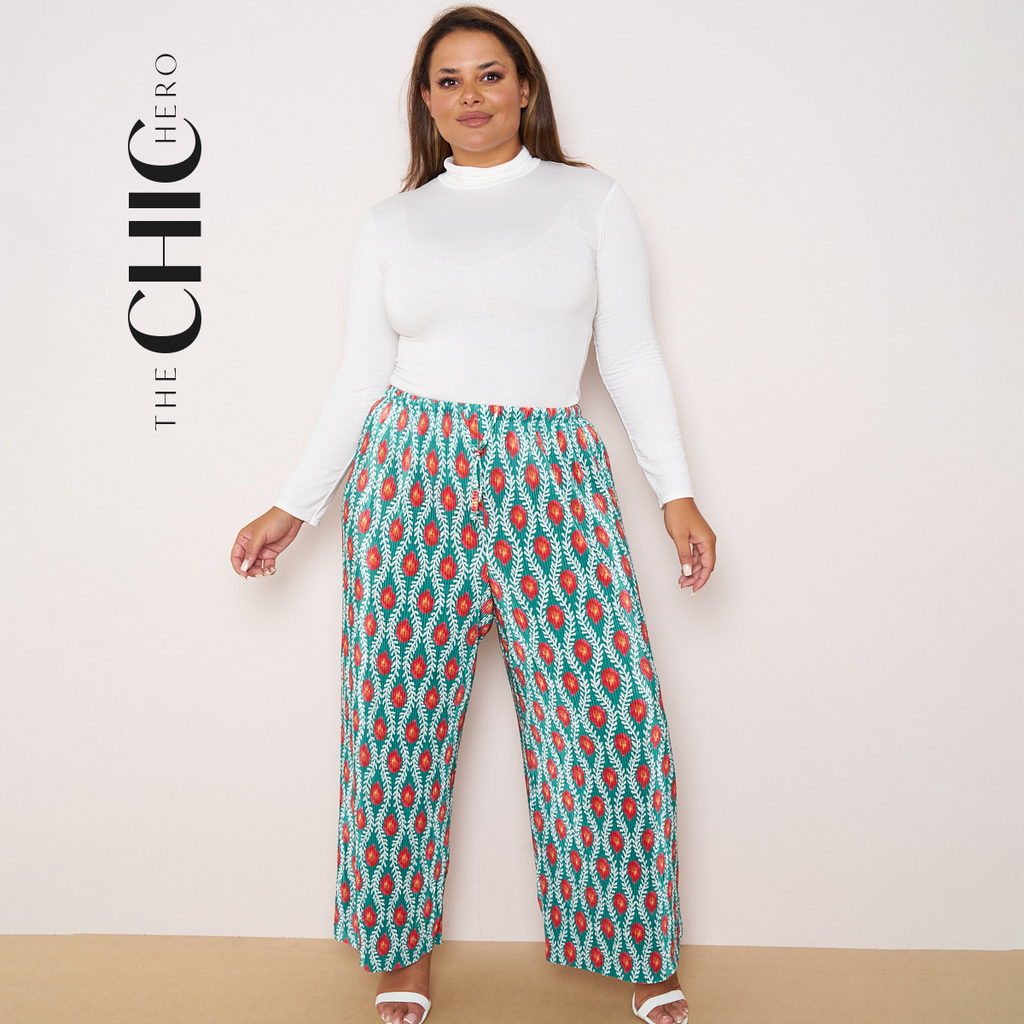 Flame Abstract Print Wide-Leg Drawstring Palazzo Pleated Pants