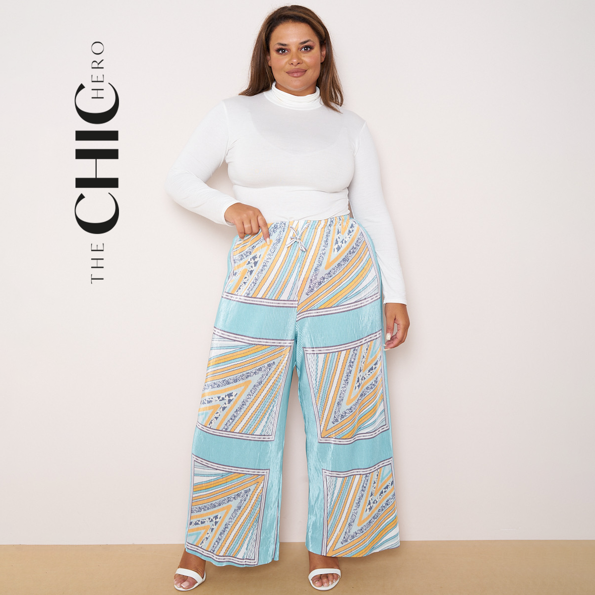 Bohemian Green Abstract Print Wide-Leg Drawstring Palazzo Pleated Pants