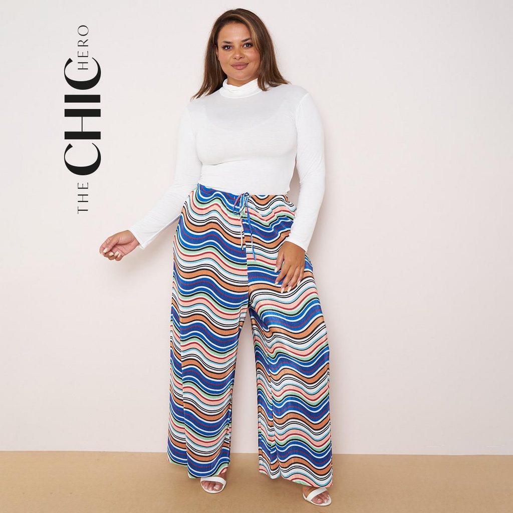 ChicHero Multi Abstract Print Wide-Leg Drawstring Palazzo Pleated Pants