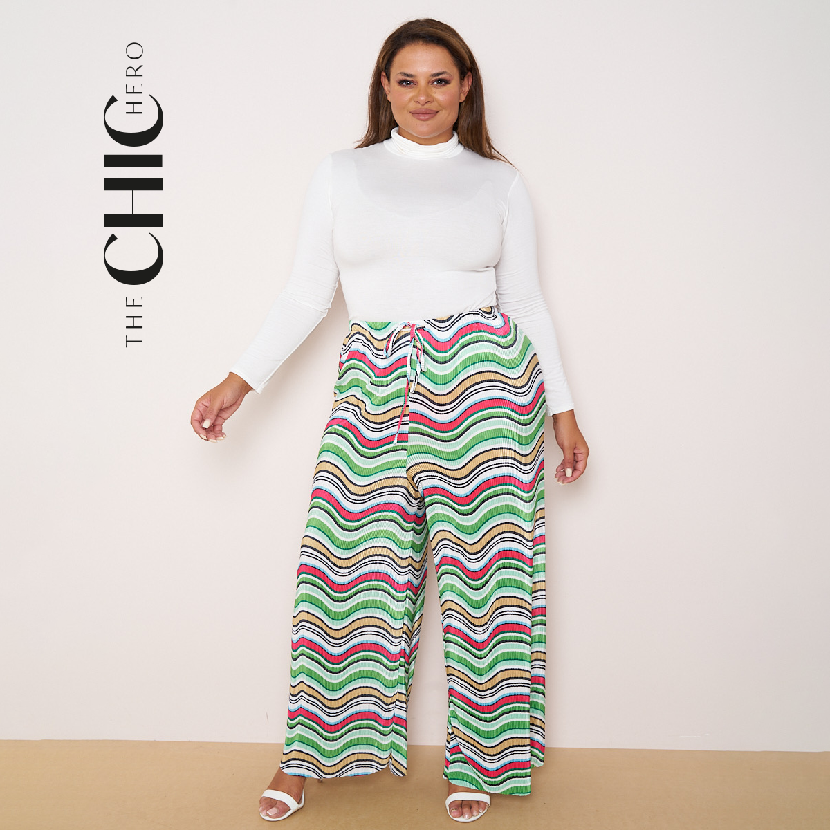 Green Curve Abstract Print Wide-Leg Drawstring Palazzo Pleated Pants