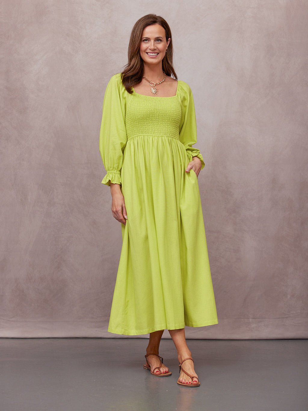 Sam Shirred Dress - Chartreuse