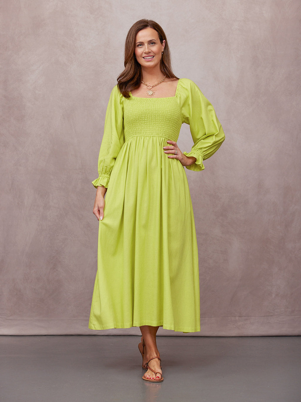 Sam Shirred Dress - Chartreuse