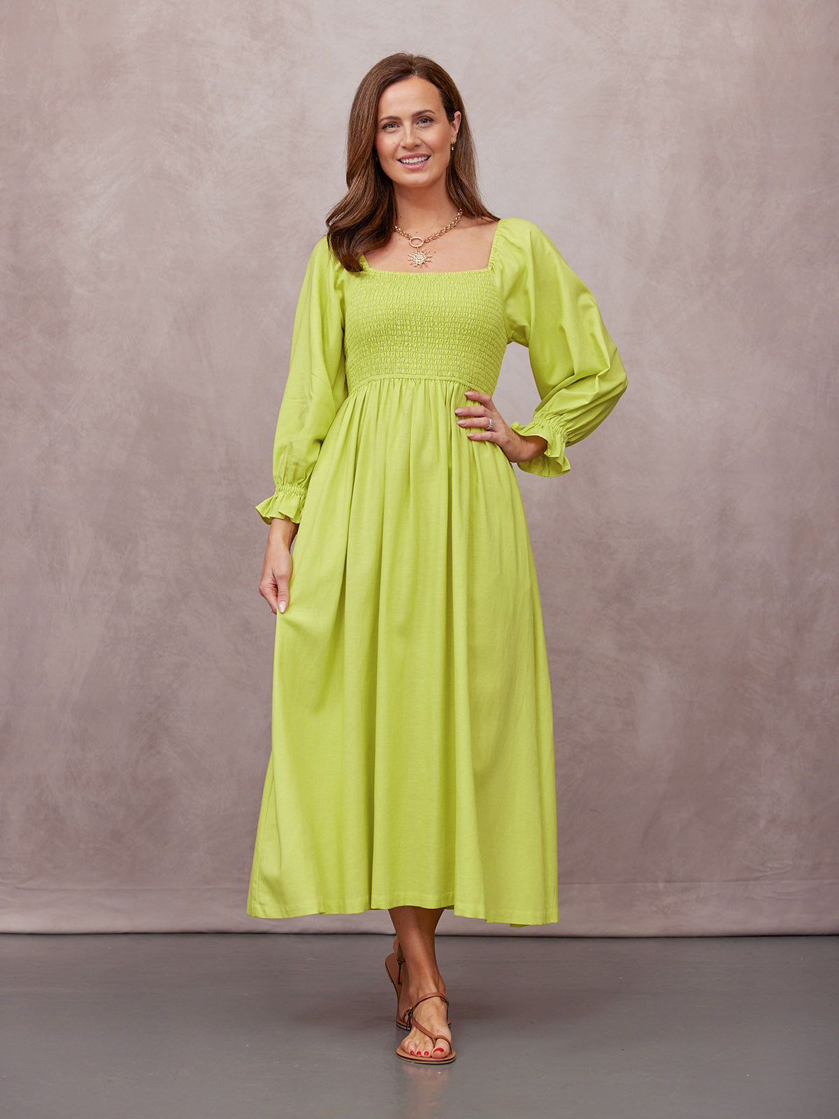 Sam Shirred Dress - Chartreuse