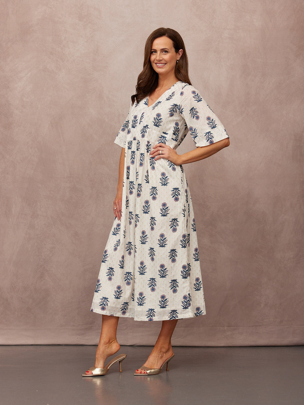 Tara Lurex Summer Dress - White & Blue Floral Print
