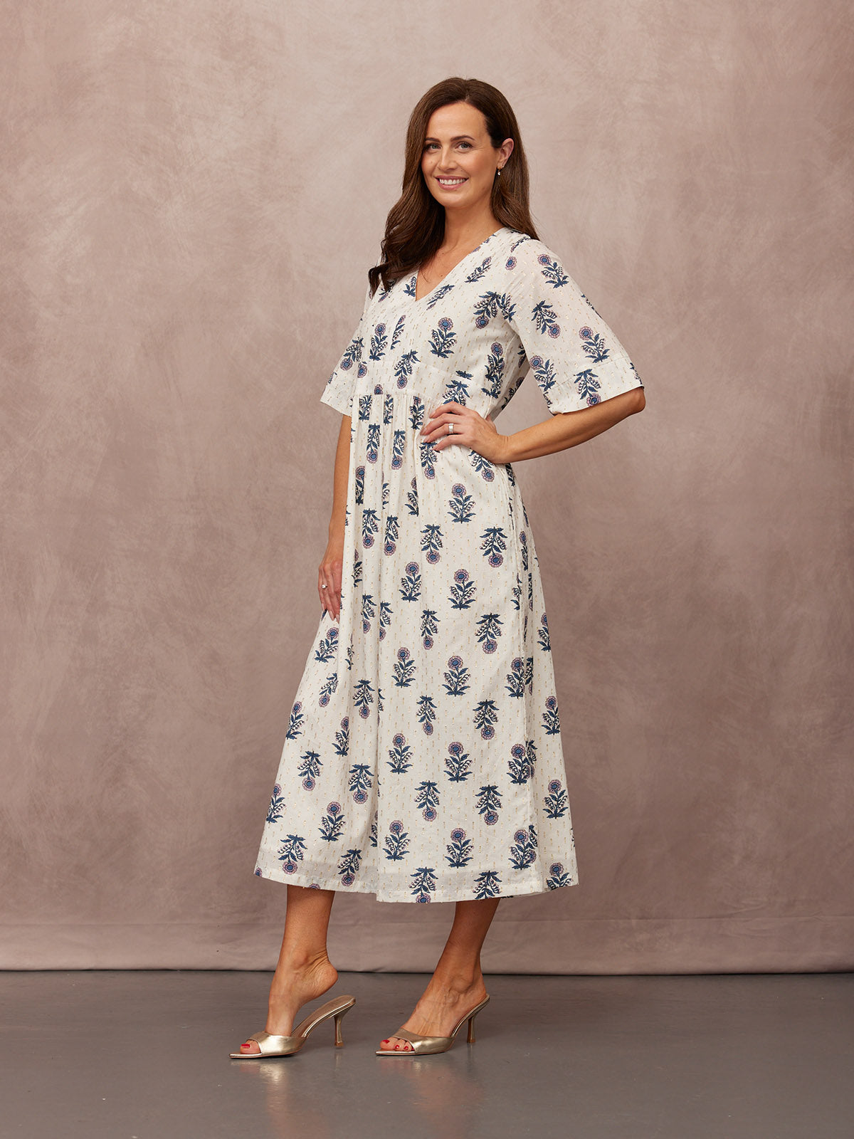 Tara Lurex Summer Dress - White & Blue Floral Print