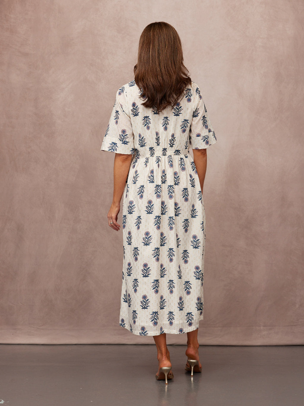 Tara Lurex Summer Dress - White & Blue Floral Print