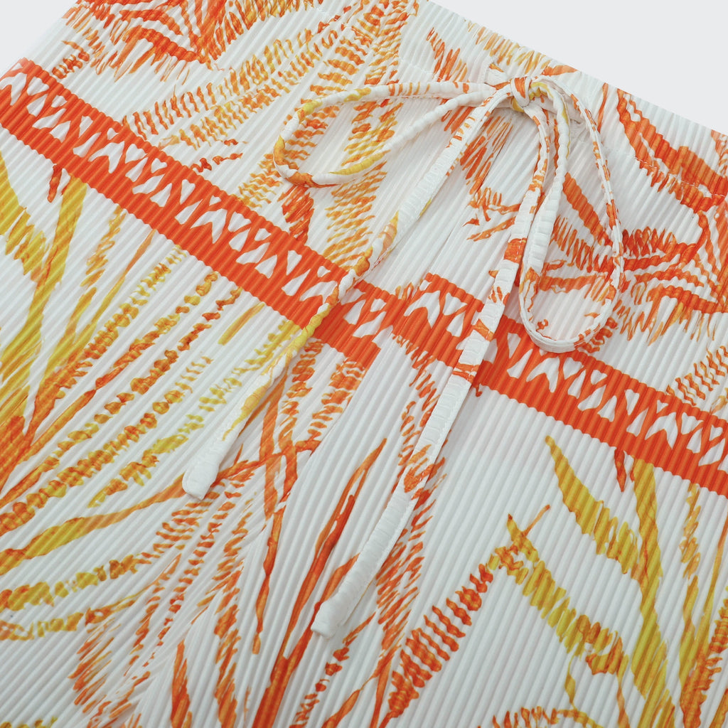 Orange Leaves Pattern V-Neck Vest Top & Pleated Pants