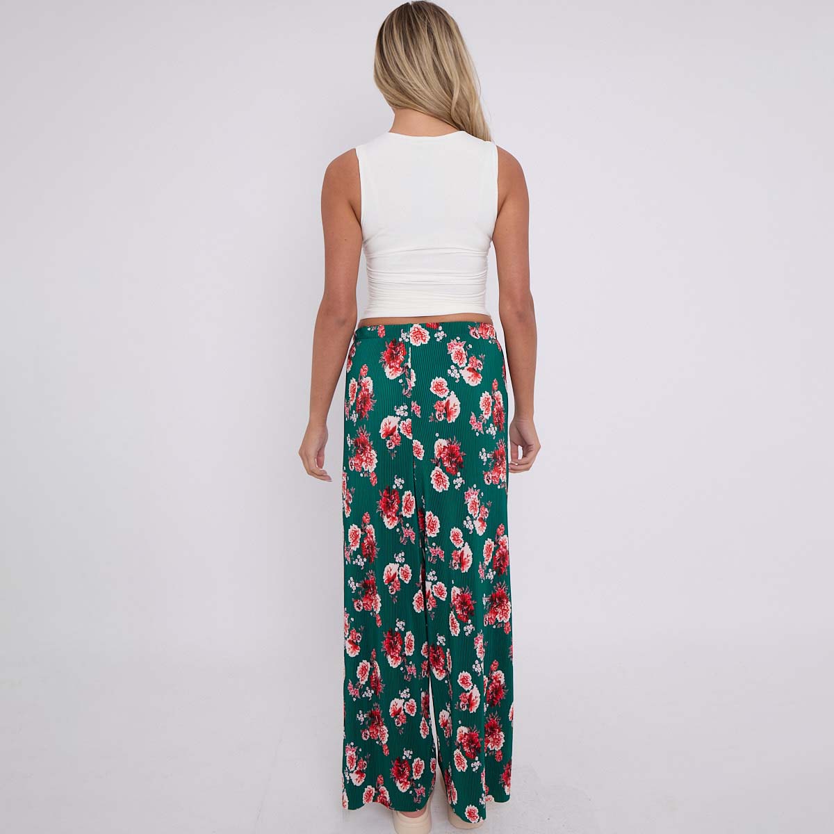 Dark Green Flower Print Abstract Wide-Leg Drawstring Palazzo Pleated Pants