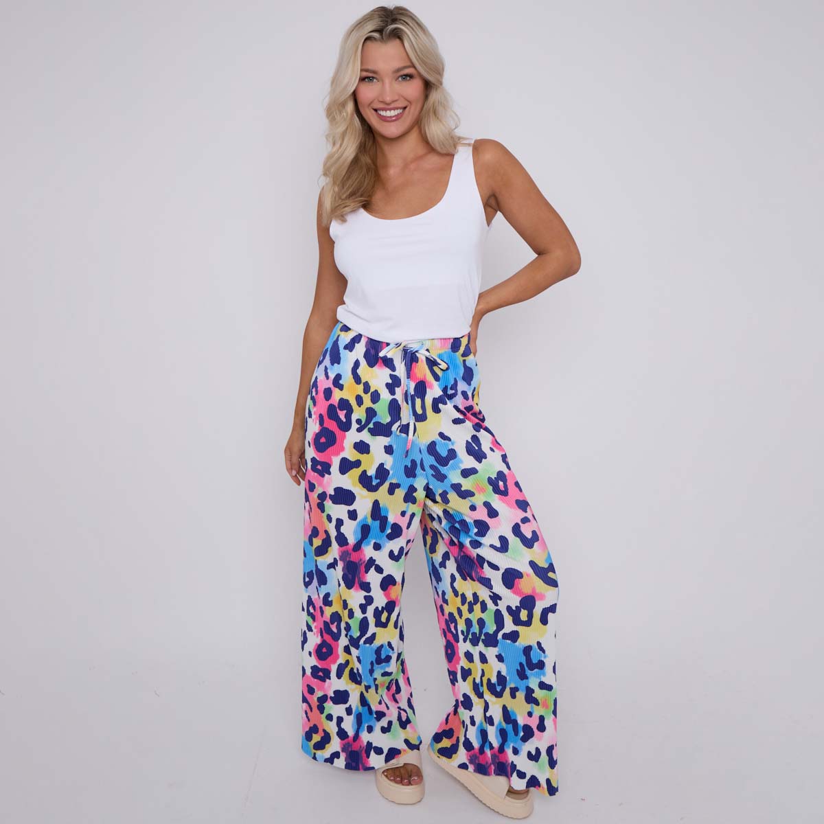 Colorful Leopard Print Abstract Print Wide-Leg Drawstring Palazzo Pleated Pants
