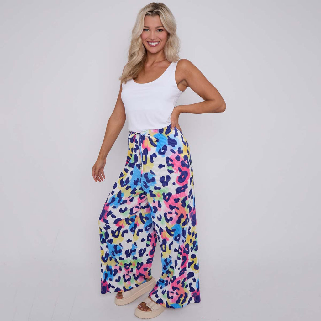 Colorful Leopard Print Abstract Print Wide-Leg Drawstring Palazzo Pleated Pants
