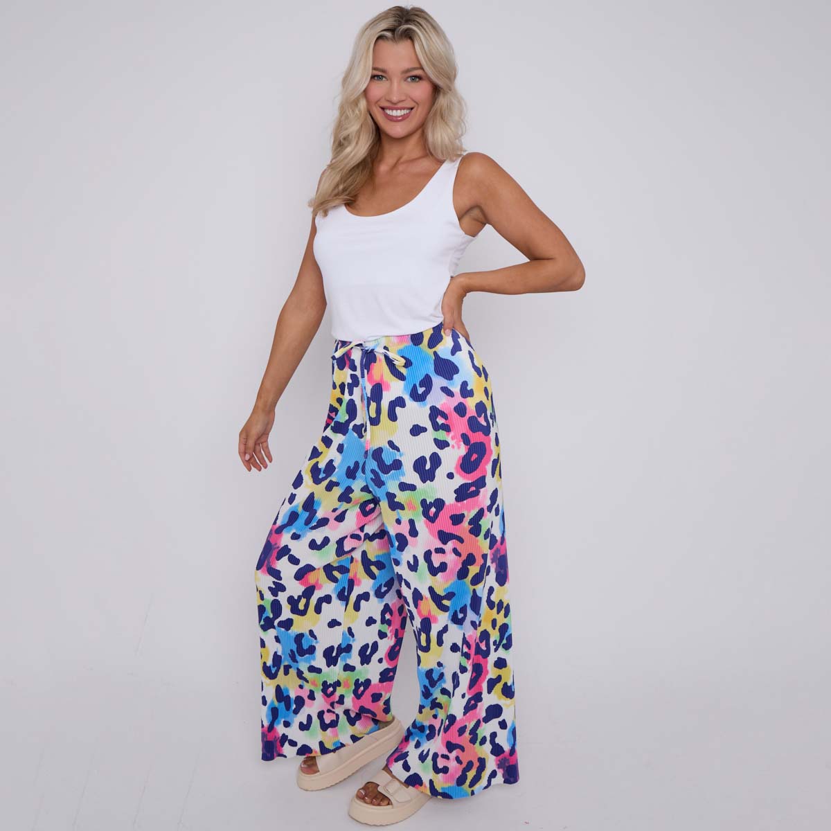 Colorful Leopard Print Abstract Print Wide-Leg Drawstring Palazzo Pleated Pants