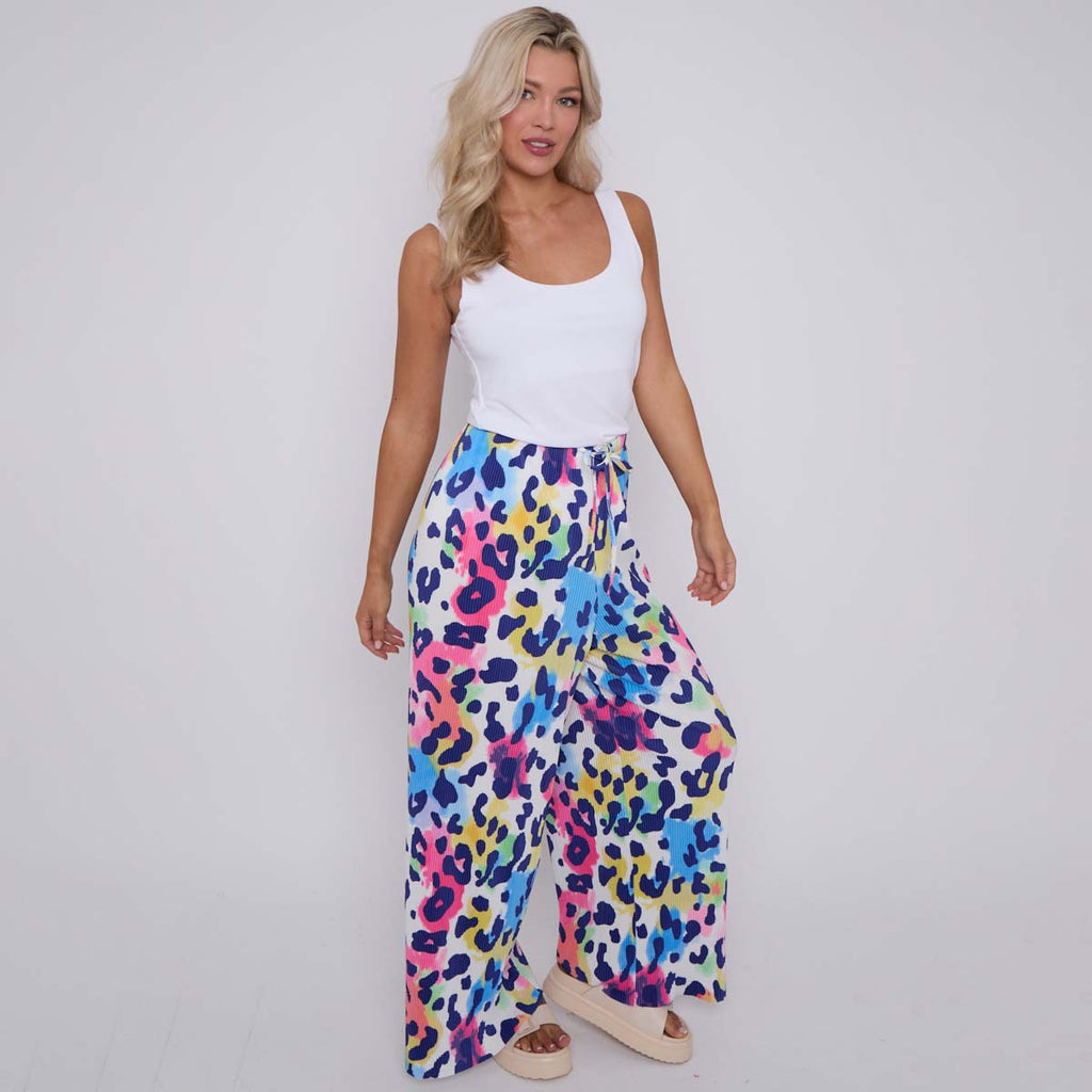Colorful Leopard Print Abstract Print Wide-Leg Drawstring Palazzo Pleated Pants