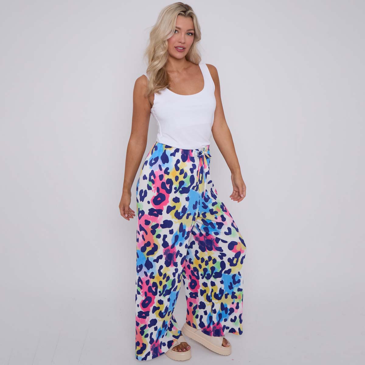 Colorful Leopard Print Abstract Print Wide-Leg Drawstring Palazzo Pleated Pants