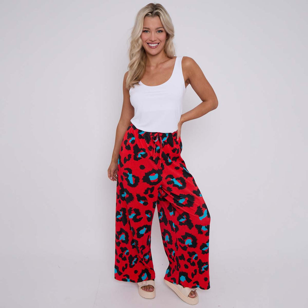 Red Leopard Abstract Print Wide-Leg Drawstring Palazzo Pleated Pants