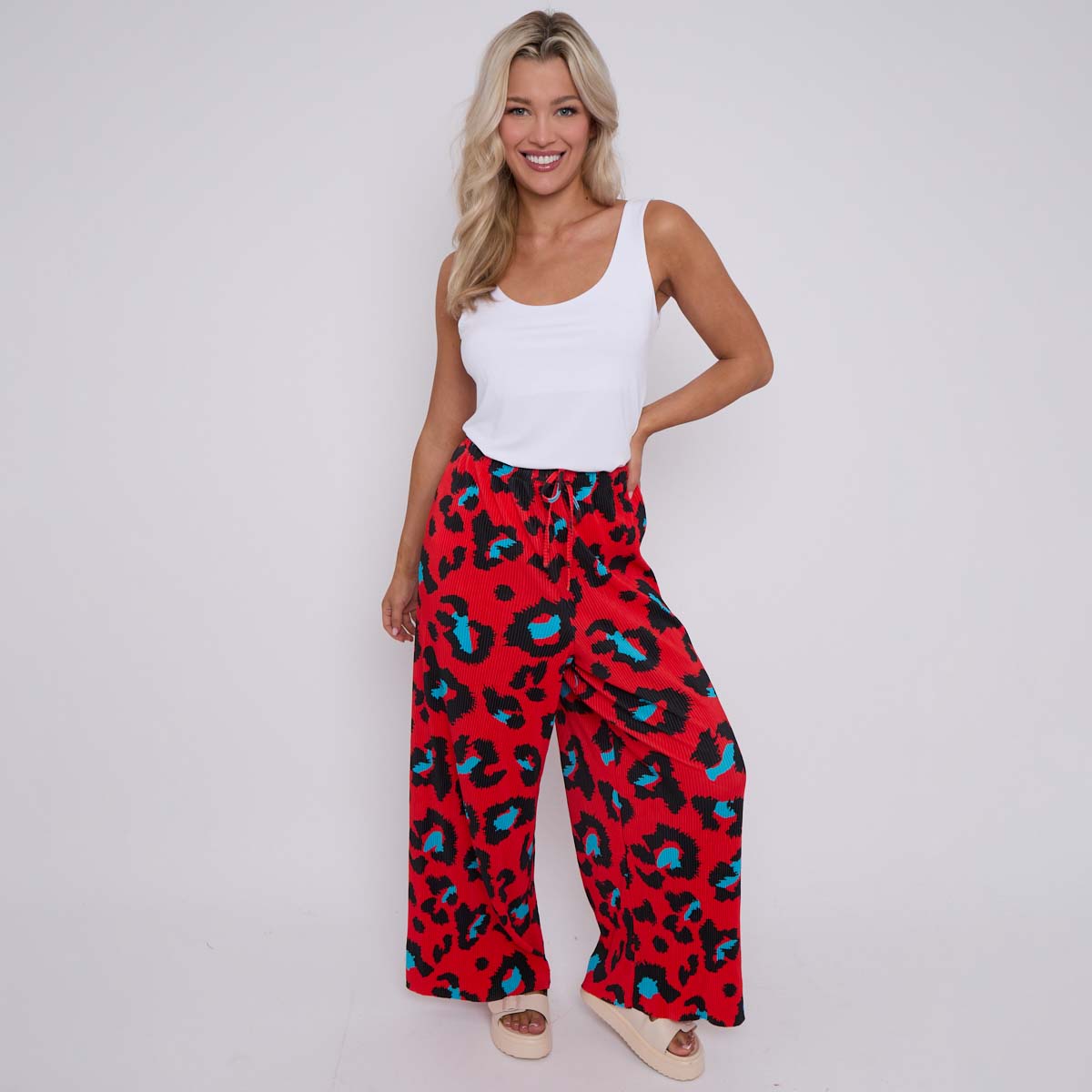 Red Leopard Abstract Print Wide-Leg Drawstring Palazzo Pleated Pants