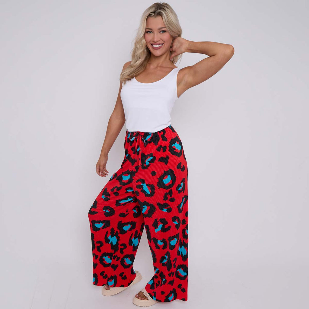 Red Leopard Abstract Print Wide-Leg Drawstring Palazzo Pleated Pants