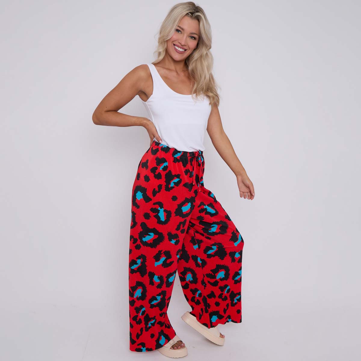 Red Leopard Abstract Print Wide-Leg Drawstring Palazzo Pleated Pants