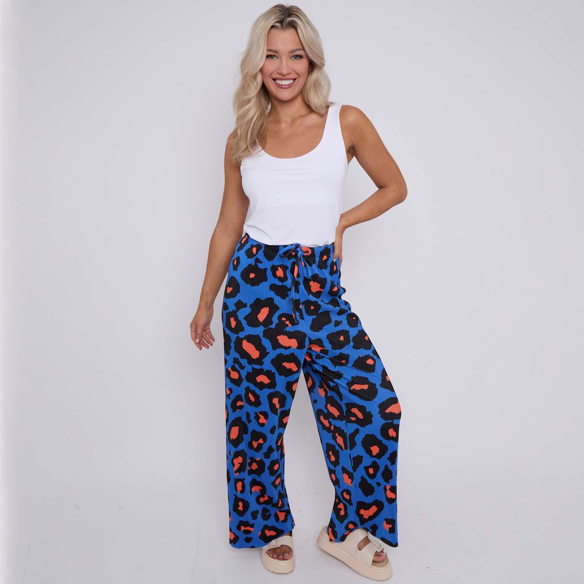 Blue Leopard Abstract Print Wide-Leg Drawstring Palazzo Pleated Pants