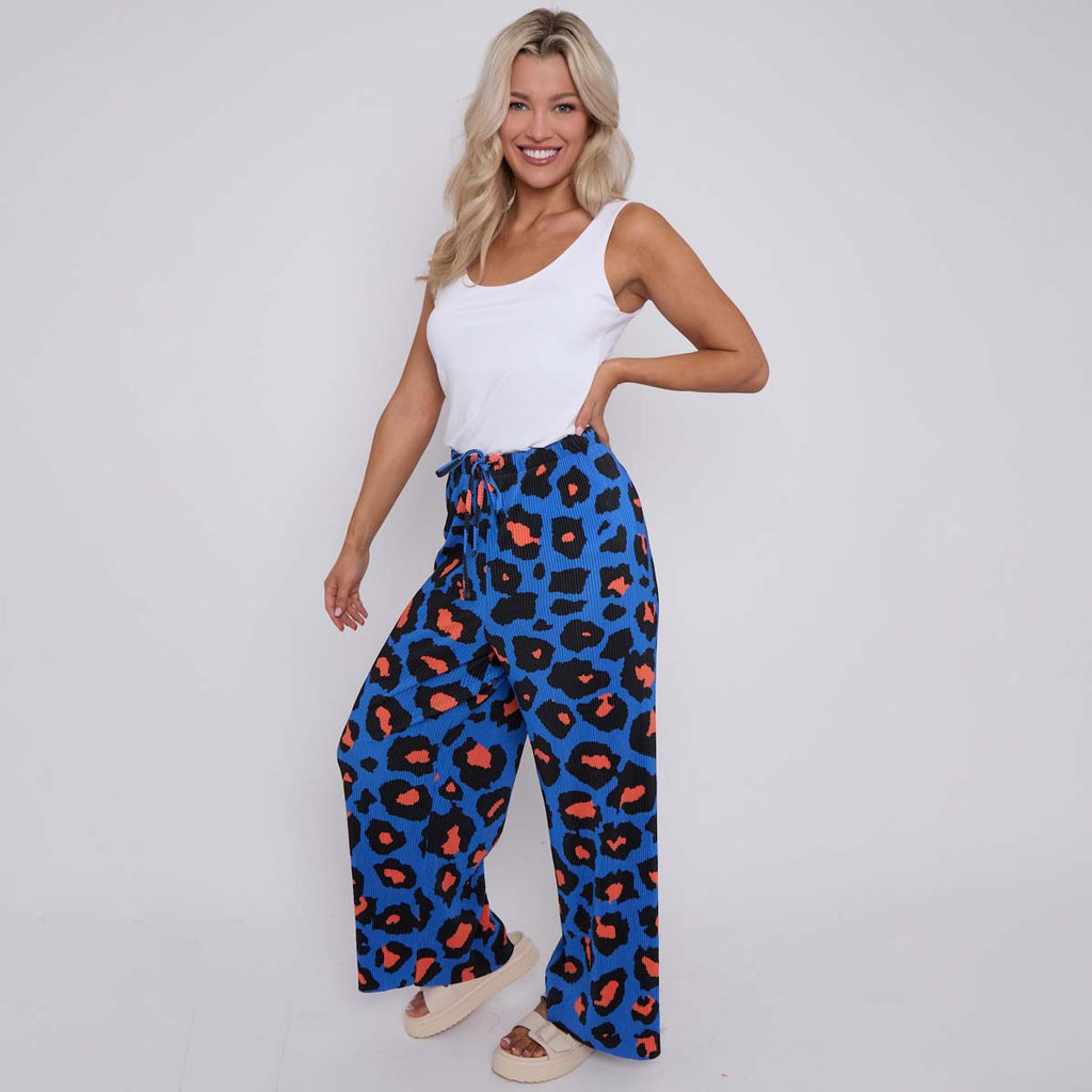 Blue Leopard Abstract Print Wide-Leg Drawstring Palazzo Pleated Pants