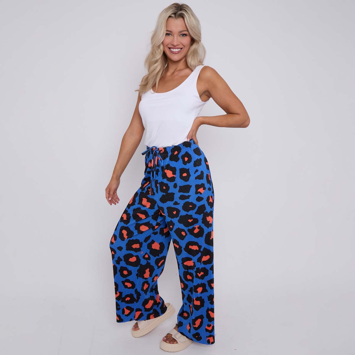 Blue Leopard Abstract Print Wide-Leg Drawstring Palazzo Pleated Pants