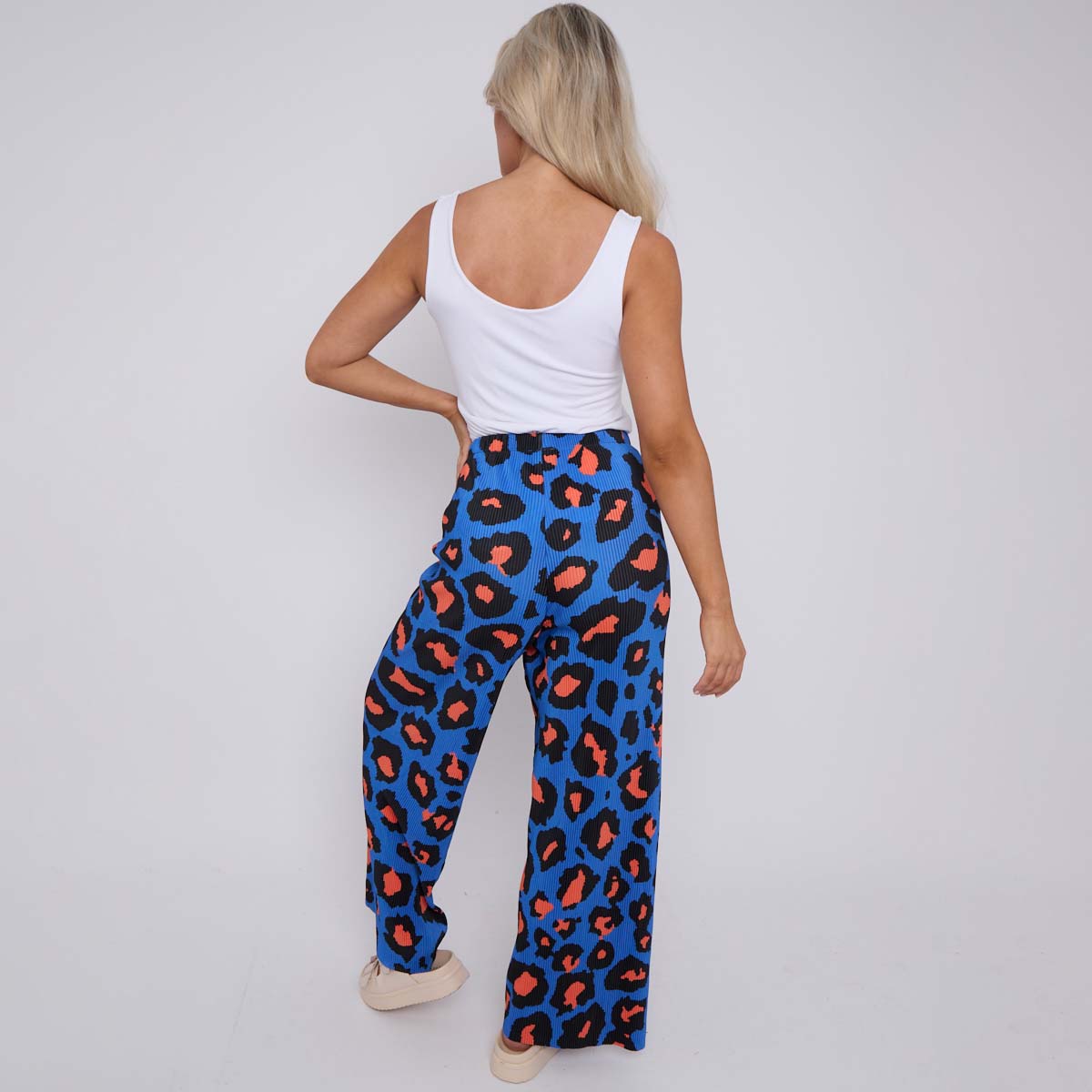 Blue Leopard Abstract Print Wide-Leg Drawstring Palazzo Pleated Pants