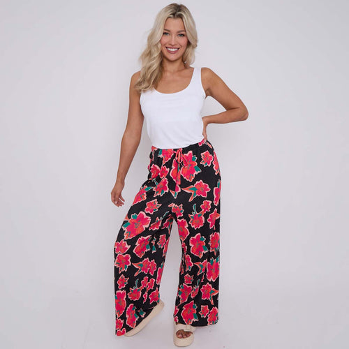 Black Flower Abstract Floral Print Wide-Leg Drawstring Palazzo Pleated Pants
