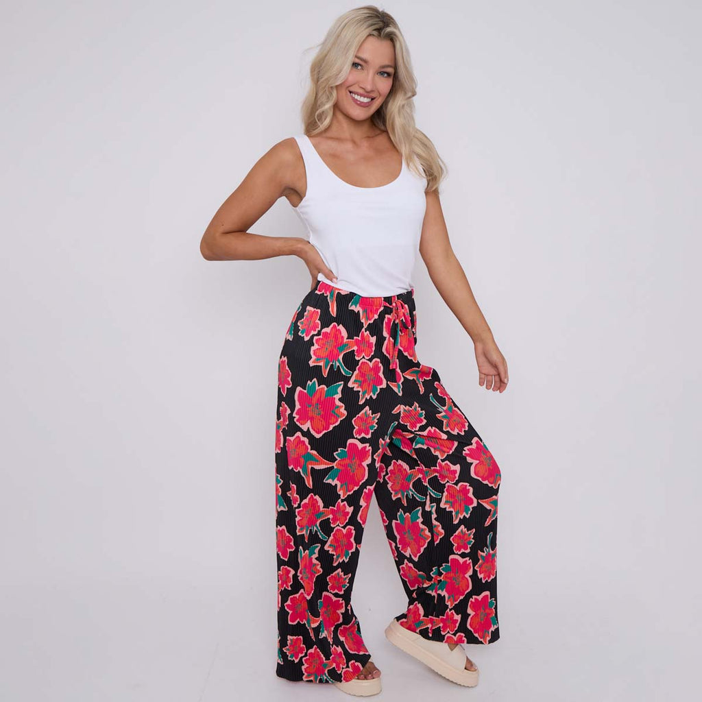 Black Flower Abstract Floral Print Wide-Leg Drawstring Palazzo Pleated Pants