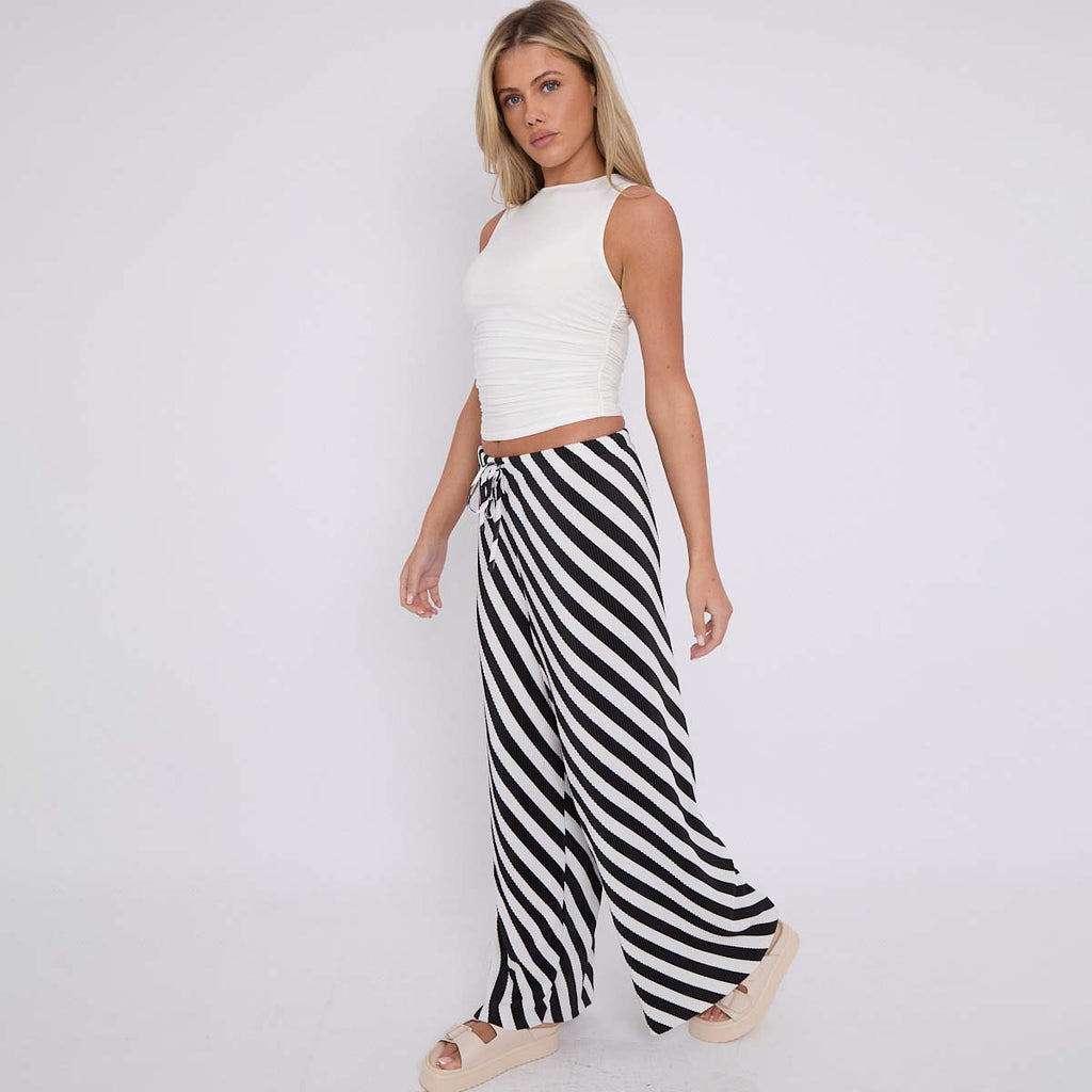 Black Zebra Abstract Print Wide-Leg Drawstring Palazzo Pleated Pants