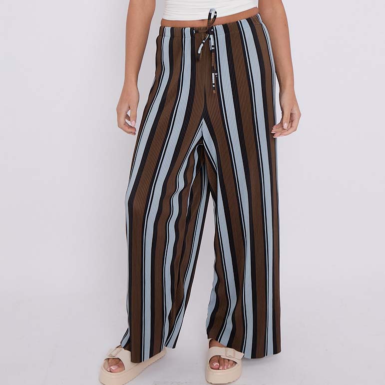 Brown Blue Abstract Print Wide-Leg Drawstring Palazzo Pleated Pants