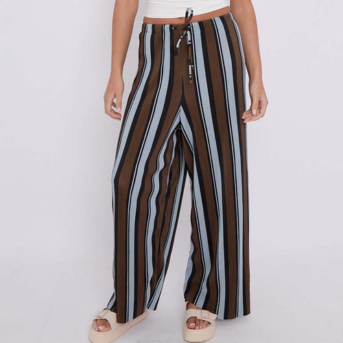 Brown Blue Abstract Print Wide-Leg Drawstring Palazzo Pleated Pants