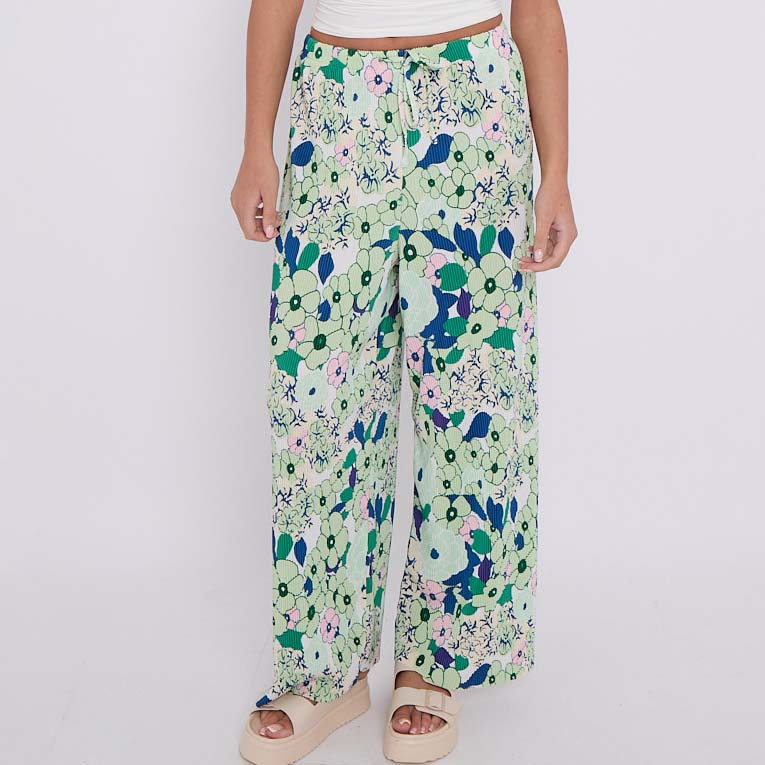 Green Floral Abstract Print Wide-Leg Drawstring Pants Palazzo Pleated Pants