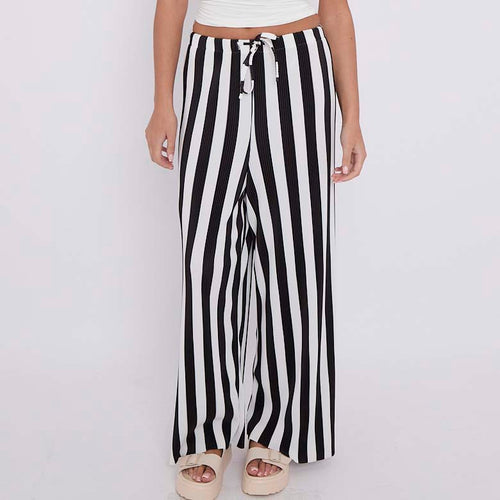 Black Stripe Abstract Print Wide-Leg Drawstring Palazzo Pleated Pants