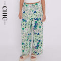 Green Floral Abstract Print Wide-Leg Drawstring Pants Palazzo Pleated Pants