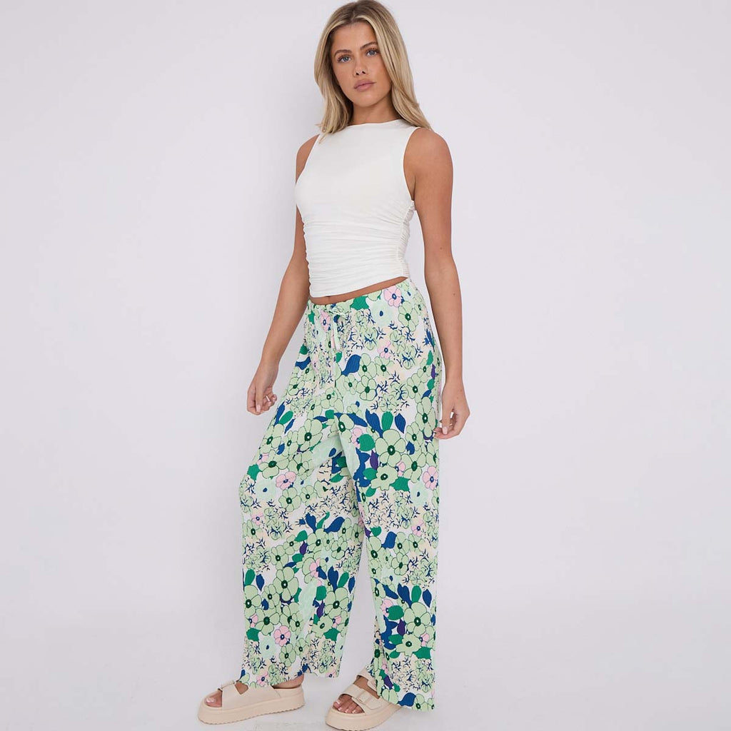 Green Floral Abstract Print Wide-Leg Drawstring Pants Palazzo Pleated Pants