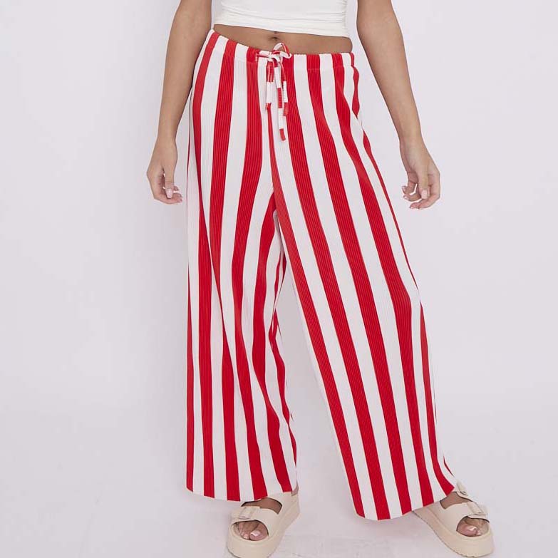 Red Stripes Abstract Print Wide-Leg Drawstring Palazzo Pleated Pants