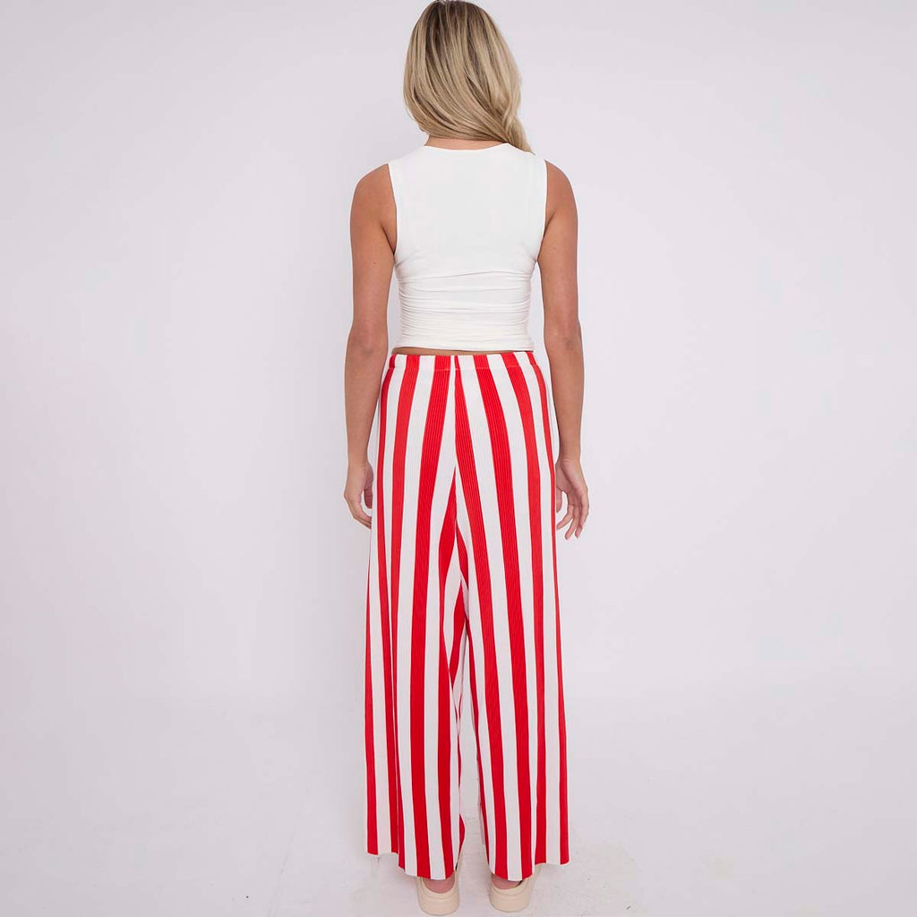 Red Stripes Abstract Print Wide-Leg Drawstring Palazzo Pleated Pants