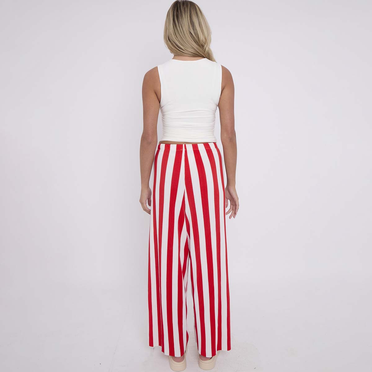 Red Stripes Abstract Print Wide-Leg Drawstring Palazzo Pleated Pants