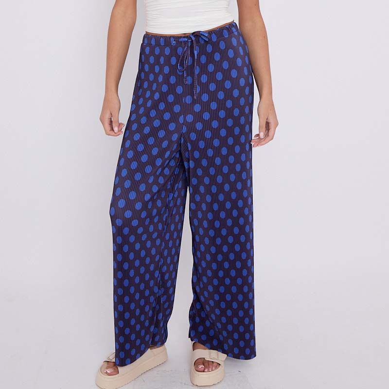 Blue Black Polka DotsPrint Abstract Print Wide-Leg Drawstring Palazzo Pleated Pants