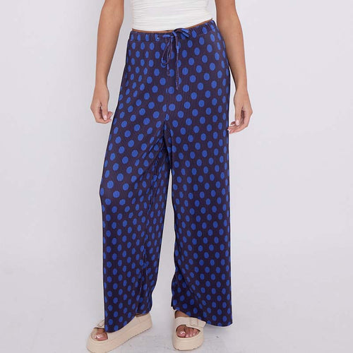 Blue Black Polka DotsPrint Abstract Print Wide-Leg Drawstring Palazzo Pleated Pants
