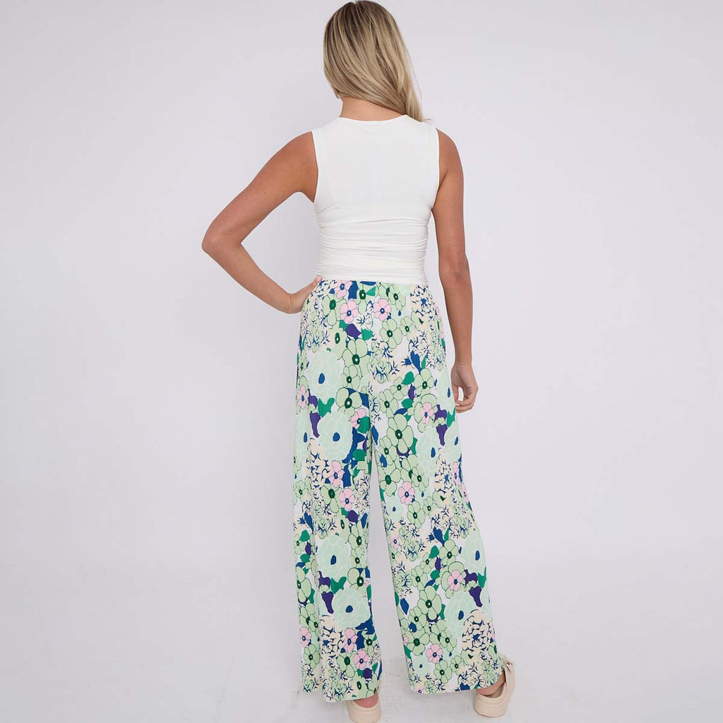 Green Floral Abstract Print Wide-Leg Drawstring Pants Palazzo Pleated Pants