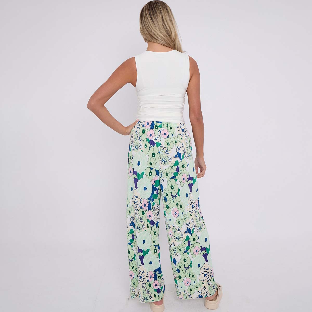 Green Floral Abstract Print Wide-Leg Drawstring Pants Palazzo Pleated Pants