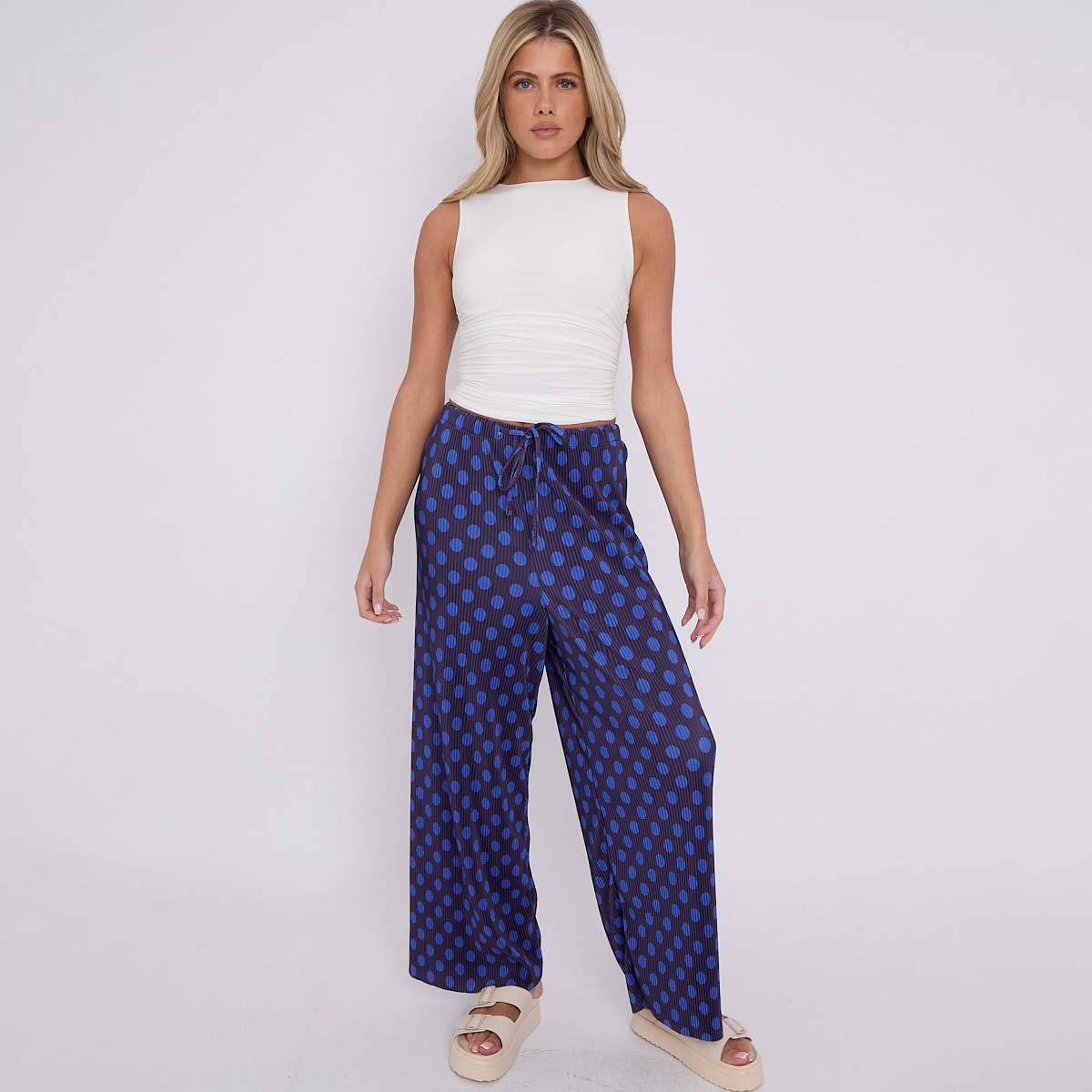 Blue Black Polka DotsPrint Abstract Print Wide-Leg Drawstring Palazzo Pleated Pants