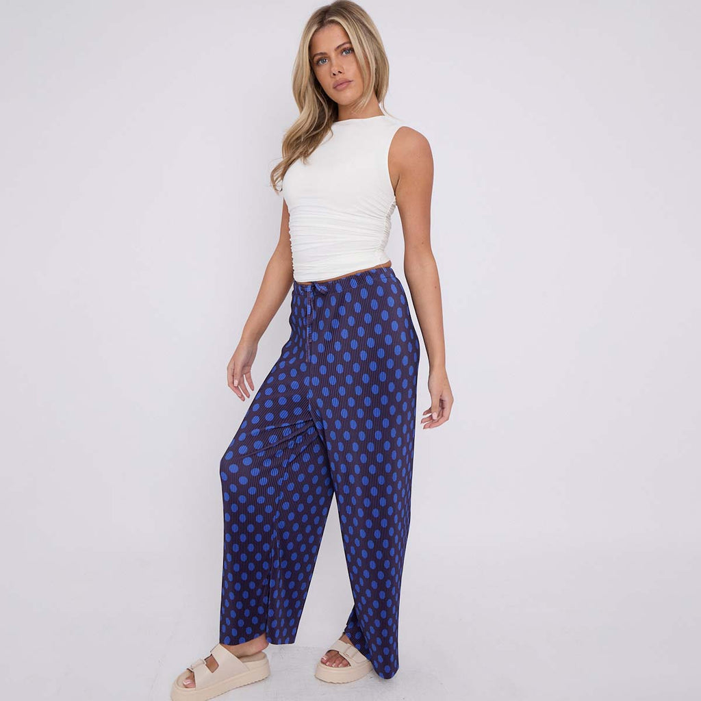Blue Black Polka DotsPrint Abstract Print Wide-Leg Drawstring Palazzo Pleated Pants