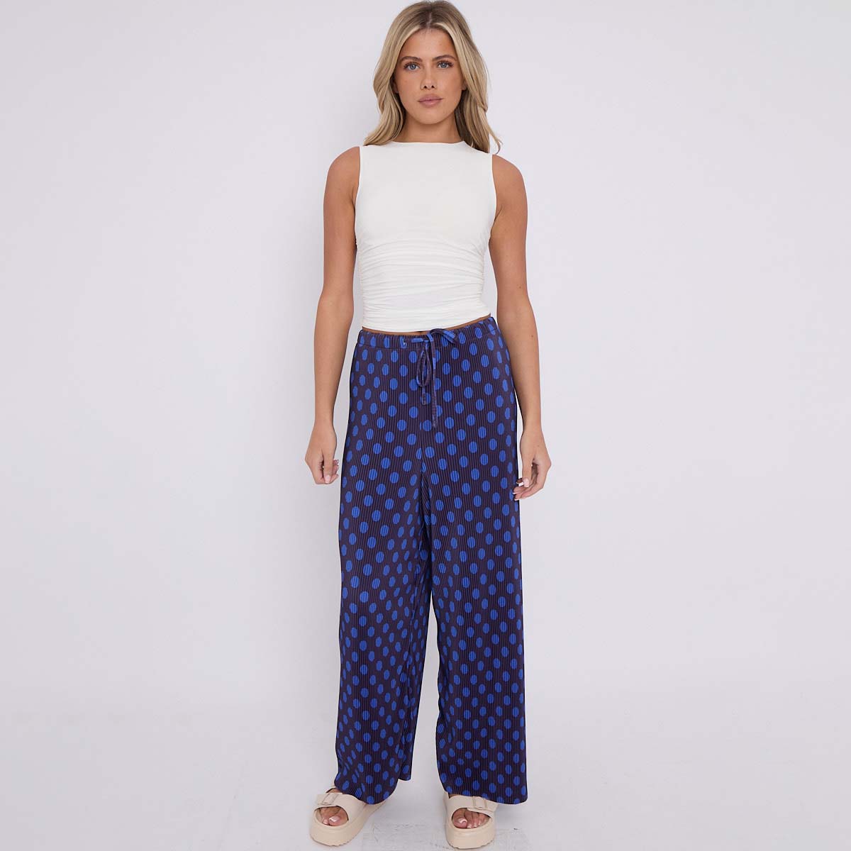 Blue Black Polka DotsPrint Abstract Print Wide-Leg Drawstring Palazzo Pleated Pants