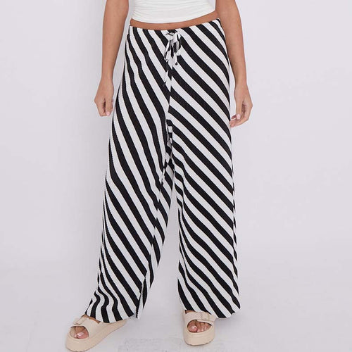 Black Zebra Abstract Print Wide-Leg Drawstring Palazzo Pleated Pants