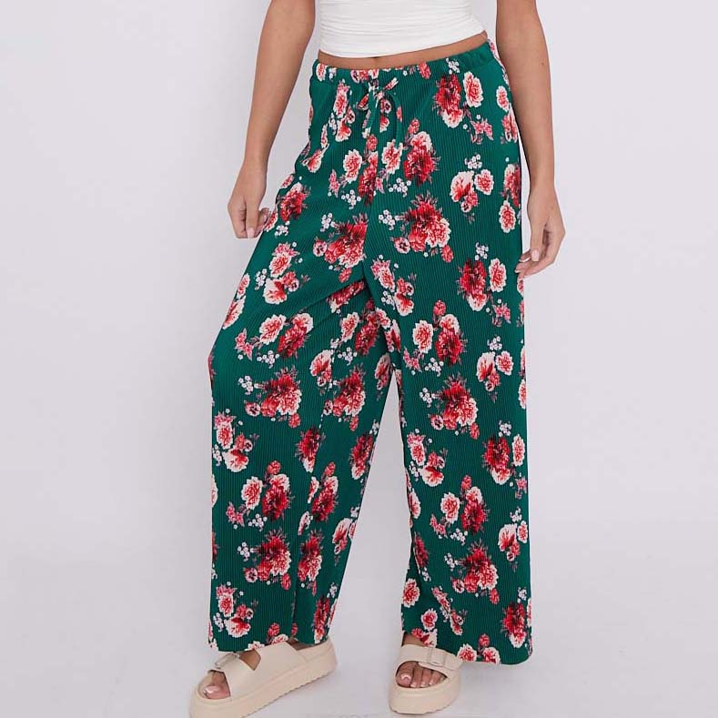 Dark Green Flower Print Abstract Wide-Leg Drawstring Palazzo Pleated Pants