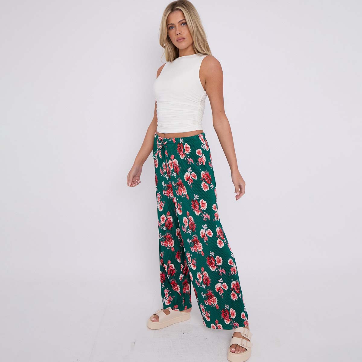Dark Green Flower Print Abstract Wide-Leg Drawstring Palazzo Pleated Pants