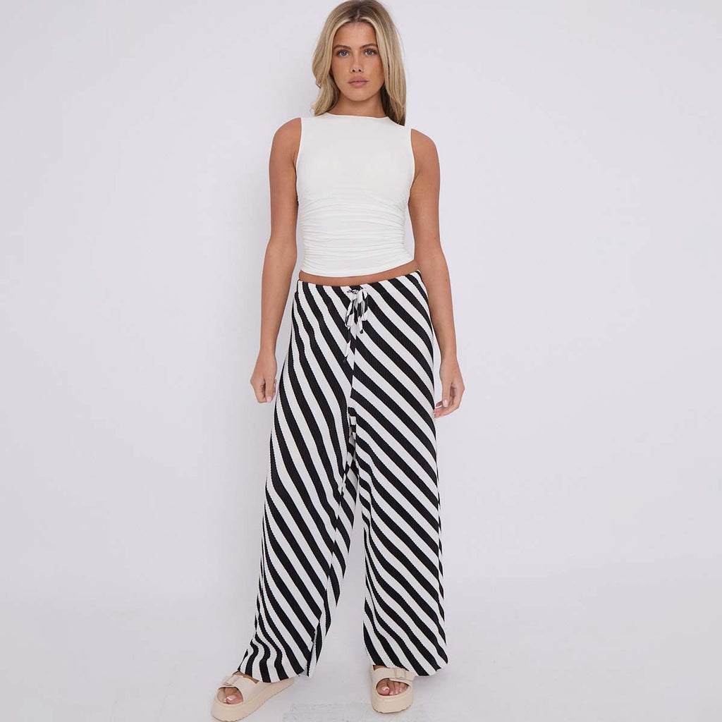 Black Zebra Abstract Print Wide-Leg Drawstring Palazzo Pleated Pants